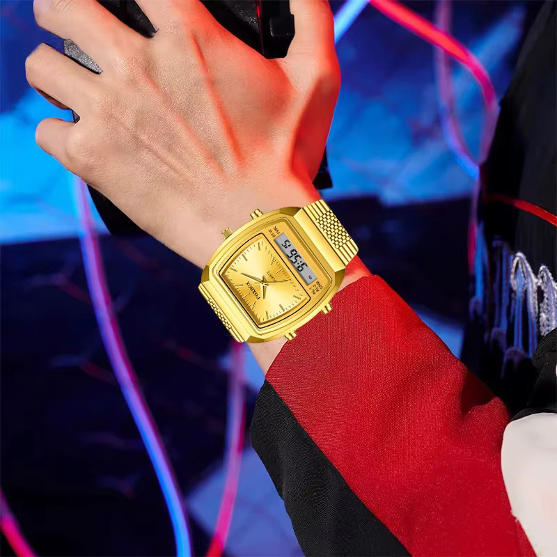 FOXBOX Herren-Armbanduhr, Quarz, Digitalanzeige, Silikon, Gold, Alarm - Bild 4