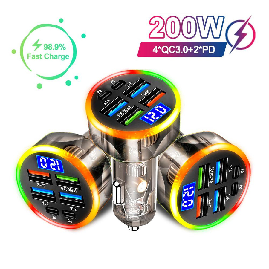 YJMP Auto Parts 200W Autoladegerät mit 6 Ports, PD QC3.0 Schnellladegerät für USB-C, Schwarz - Bild 8