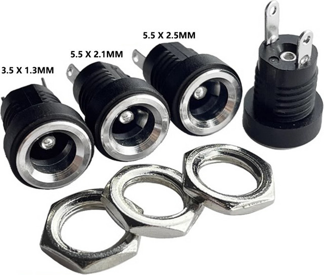 DC-Stromanschluss Buchse Set für Panelmontage, 2-Pin Steckverbinder Adapter in Schwarz, verschiedene Größen: 5,5 x 2,1 mm, 5,5 x 2,5 mm und 3,5 x 1,3 mm - Bild 1