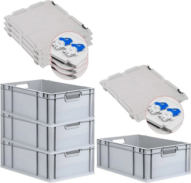 PROREGAL SuperSparSet 4x Eurobox NextGen Grip mit Scharnierdeckel und blauen Schiebeschnappverschlüssen, Grau, H: 22 cm, B: 40 cm, T: 60 cm - Bild 1