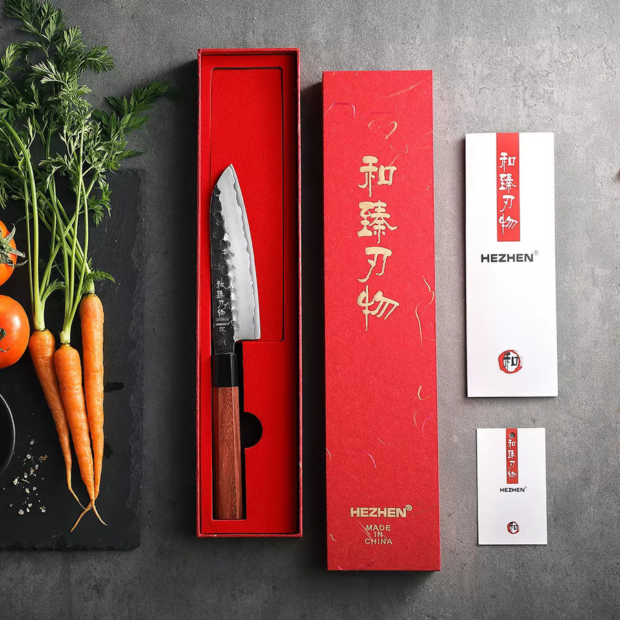 Hezhen Santoku Messer aus 3-lagigem Verbundstahl mit rotem Holzgriff, 13,97 cm - Bild 4
