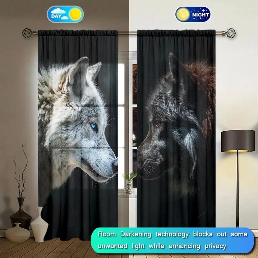 2er-Set Wolf-Vorhänge mit Grafikprint in Schwarz und Weiß, halbtransparent, B: 52,5 cm, H: 116 cm - Bild 2