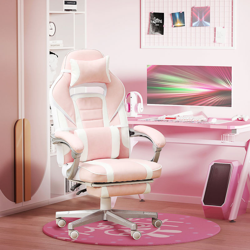 HOMCOM Gamingstuhl in Rosa mit Fußstütze, höhenverstellbarer Schreibtischstuhl aus Kunstleder mit Kopf- und Lendenkissen sowie neigbarer Rückenlehne - Bild 2