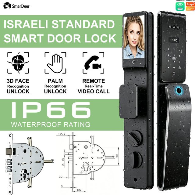 SmarDeer Smart Lock IP66 Wasserdicht mit 3D-Gesichtserkennung und Fingerabdruck, Tuya Elektronisches Türschloss, Schwarz - Bild 1