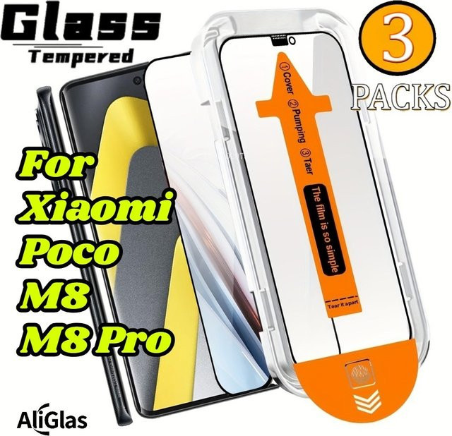 3er-Set One-Click Displayschutz aus gehärtetem Glas für Xiaomi Poco M8 Pro und Poco M8, transparent, HD glänzend mit Applikator-Tool - Bild 1