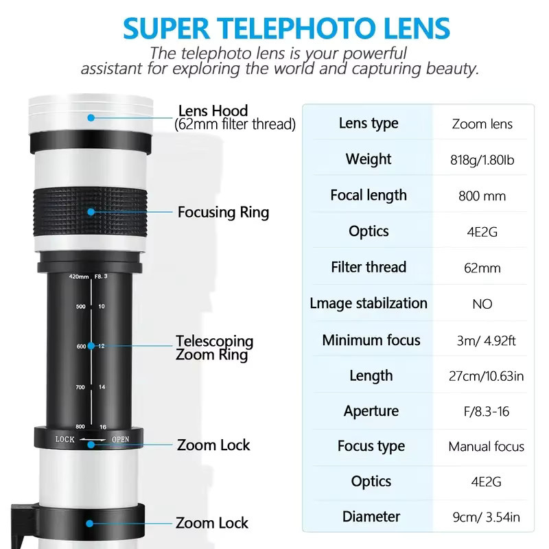 Lightdow Super HD manuelles Tele-Zoomobjektiv mit Adapter für Sony Canon Nikon Pentax Olympus Kameras, Brennweite 420–800 mm, f/8,3–16, Farbe Weiß - Bild 3