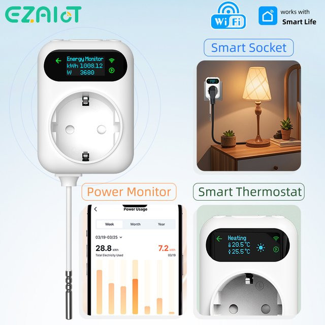 Tuya Smart WiFi Thermostat mit Energieüberwachung und Sprachsteuerung für Google Home und Alice, weiß - Bild 1