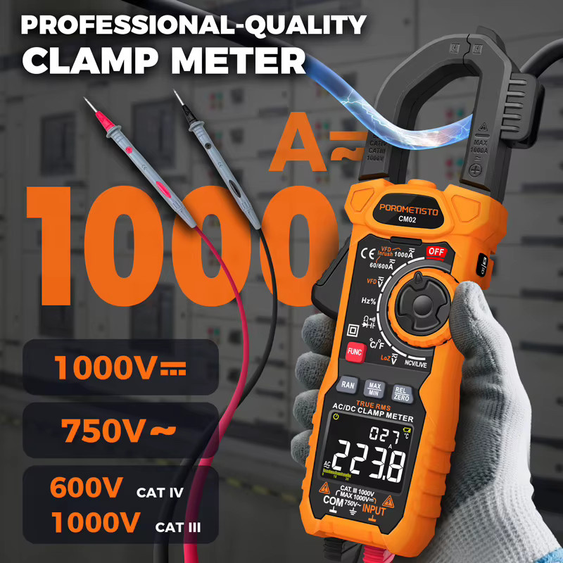 POROMETISTO Digitales Zangenmessgerät CM02 in Orange mit True RMS, 6000 Zählungen, 1000 A AC/DC, Kapazität, Temperatur, NCV, Ohm und Hz-Tester - Bild 3