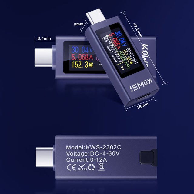 Gaqqee USB-C Leistungsmesser mit 0,96 Zoll HD-Display zur Echtzeitüberwachung von Spannung, Strom, Leistung und Kapazität in Schwarz - Bild 1