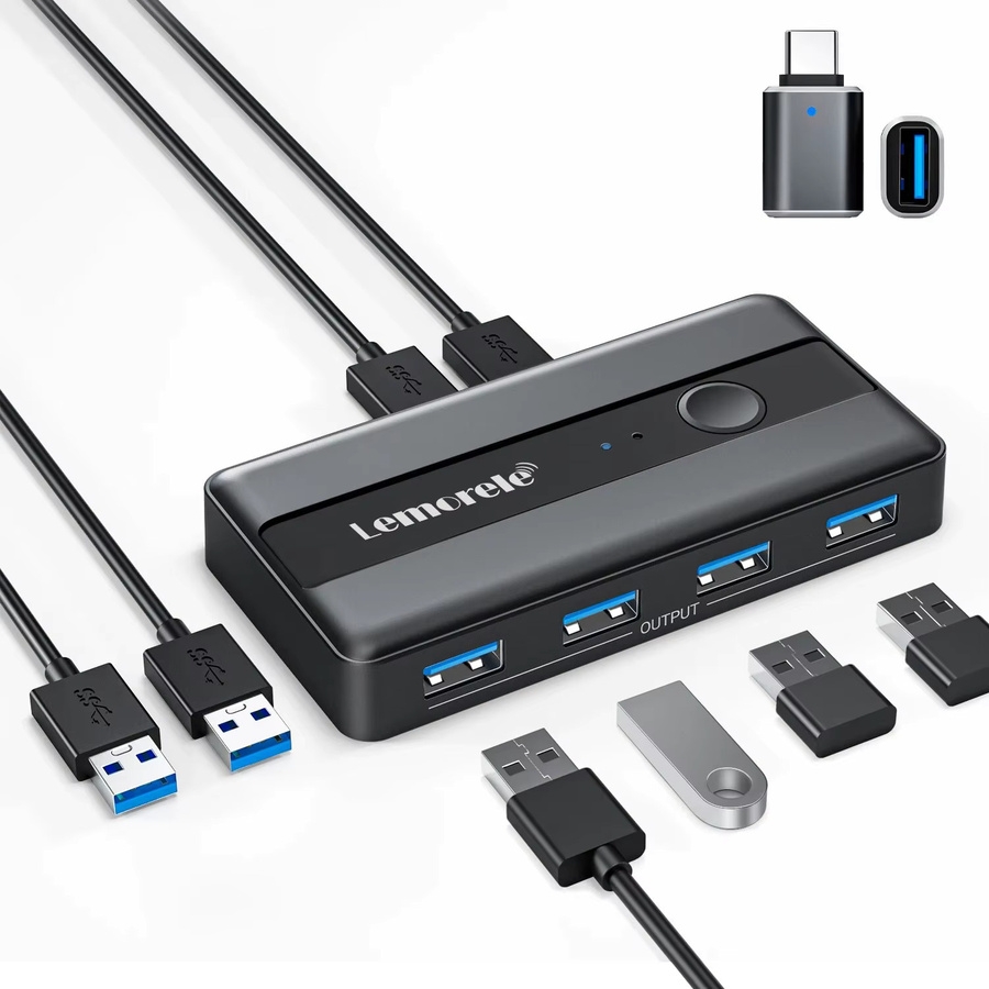Lemorele USB 3.0 KVM Switch Adapter mit 2 Eingängen und 4 Ausgängen, USB Switcher für Tastatur und Drucker, Schwarz - Bild 6
