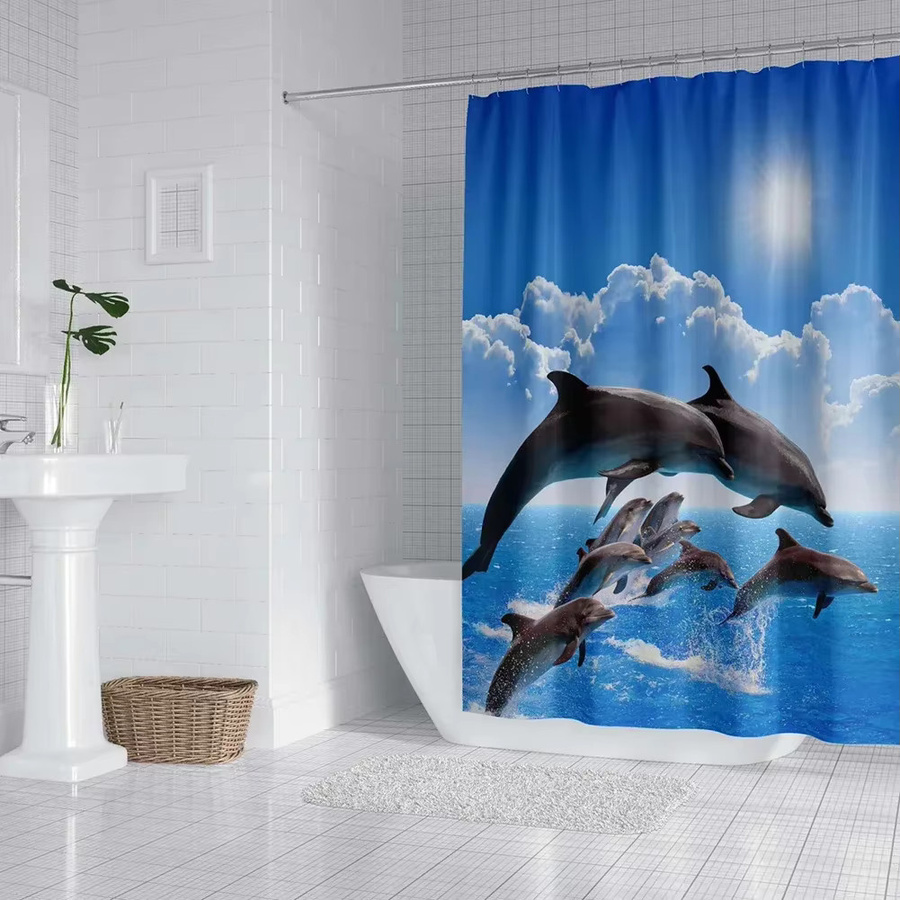Duschvorhang Set Ozean Unterwasserwelt mit Delphinen in Blau aus Polyester für Kinder Bad Dekoration - Bild 3