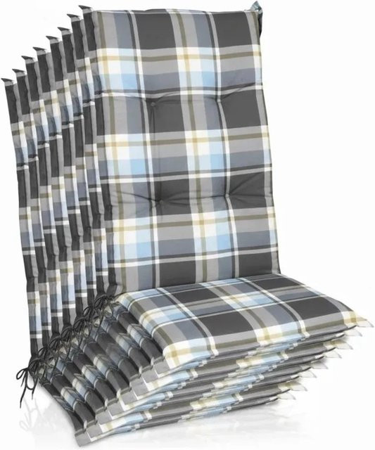 Beautissu 8er Set Hochlehner Auflagen Blau Kariert B/H: 120 x 50 cm - Bild 1