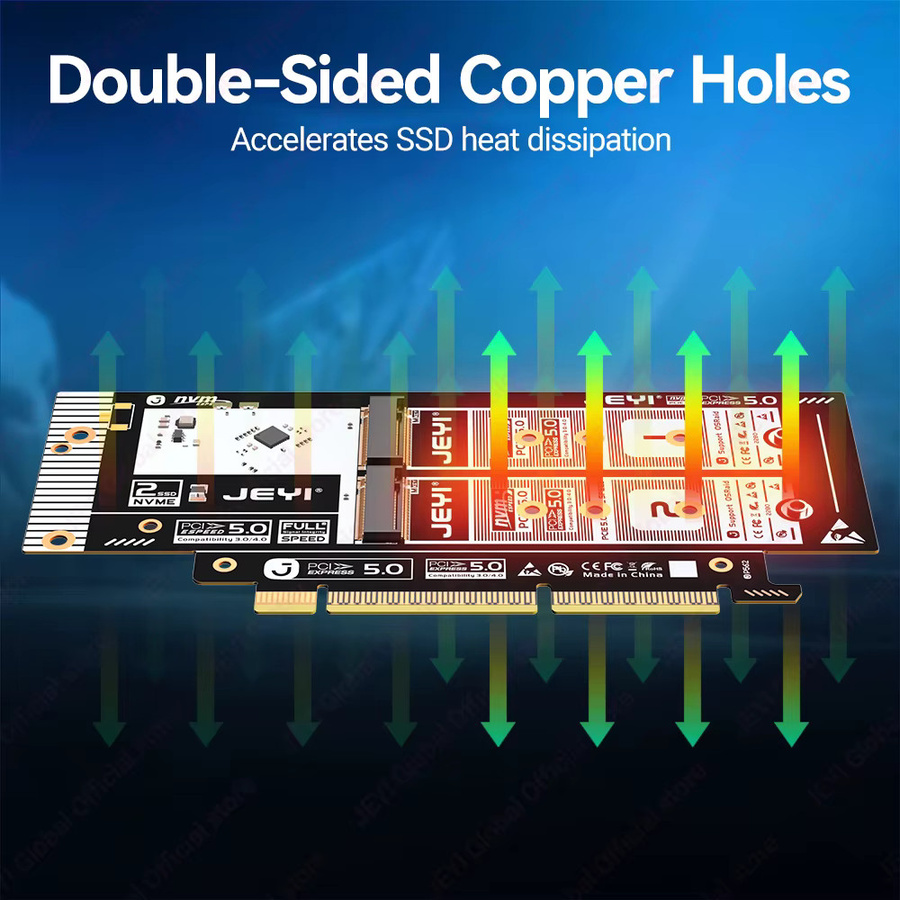 JEYI 2-Bay M.2 NVMe PCIe 5.0 Adapterkarte in Schwarz mit 256 Gbit/s Unterstützung für X16/X8 Steckplätze und Soft-RAID-0 für 2280/60/42/30 NVMe SSDs - Bild 3