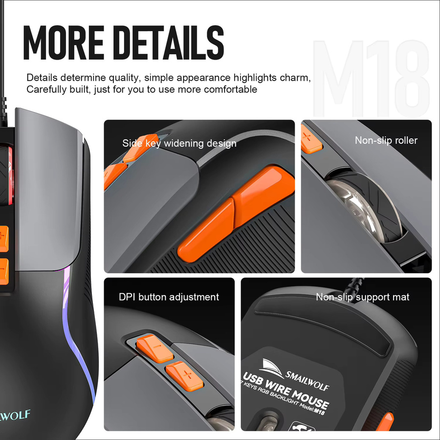 SMAILWOLF M18 Gaming Maus mit Beleuchtung, USB-Kabel, 3600 DPI, Schwarz/Grau - Bild 6