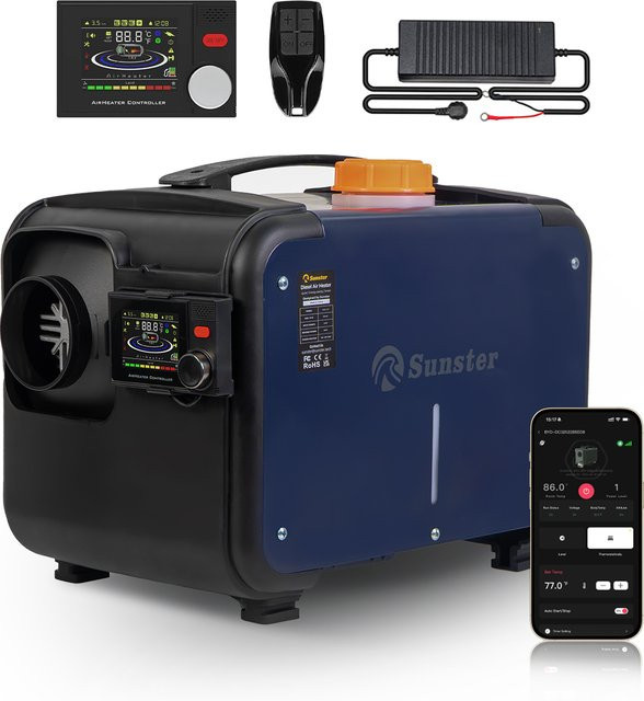Sunster 8KW Diesel-Luftheizung mit Bluetooth-App-Steuerung und LCD-Display für 12V/24V/220V, geräuscharme Nachtzimmheizung mit Auto-Thermostat für Garage, LKW und Anhänger - Bild 1