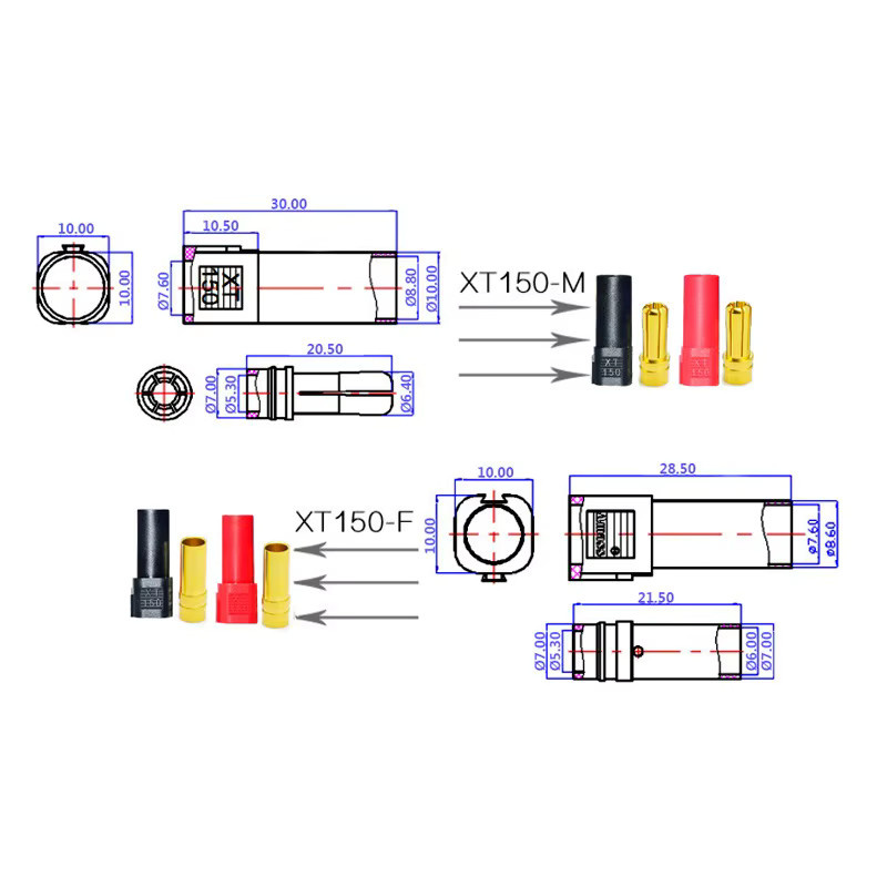 XT150 Stecker Adapter Set Männlich und Weiblich in Rot für RC LiPo Batterien und Modellbau mit 120A Hochstromfähigkeit - Bild 2