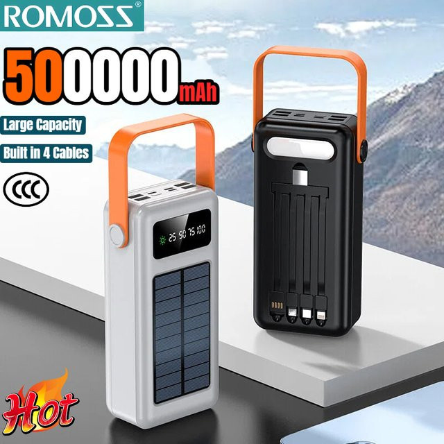 ROMOSS Solar-Powerbank mit 30000mAh Kapazität, schnelles Aufladen, integrierte 4 Kabel und LED-Licht, Farbe: Schwarz - Bild 1