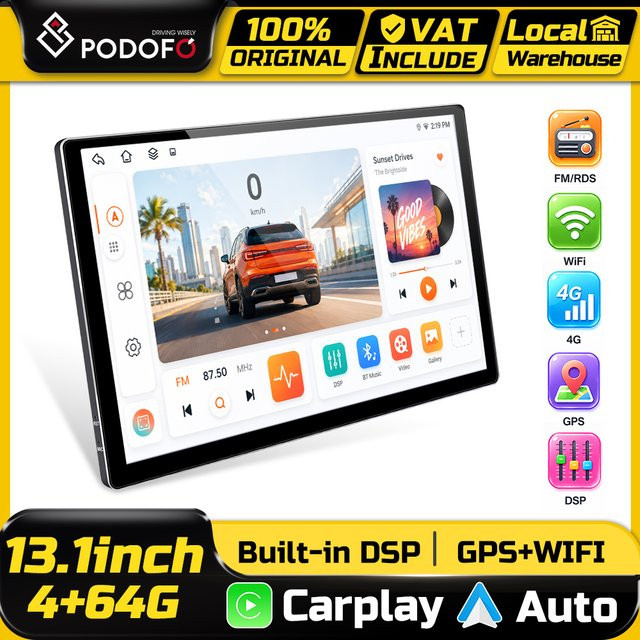 Podofo Android Multimedia Autoradio mit 13,1 Zoll 2K Bildschirm, 8-Kern Prozessor, 4GB RAM, 64GB Speicher, kabelloses CarPlay, Android Auto, GPS, WiFi, Bluetooth, Schwarz - Bild 1