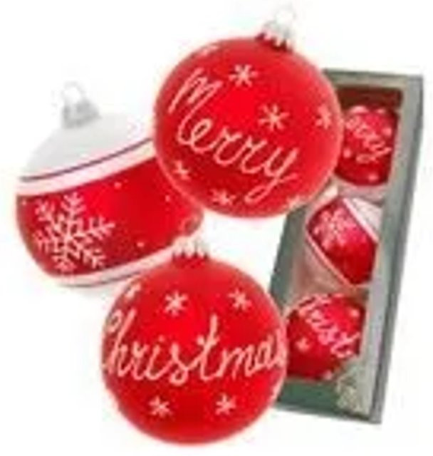 Krebs Glas Lauscha GmbH Weihnachtskugeln aus Glas mit Schneeflocken-Design, rot matt und weiß, 3 Stück, Durchmesser: 8 cm - Bild 1