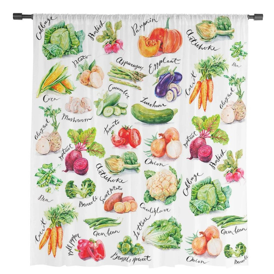Yiran Furniture Aquarell Gemüse Transparenter Vorhang aus Tüll und Organza, Mehrfarbig, B: 135 cm, H: 115 cm - Bild 2
