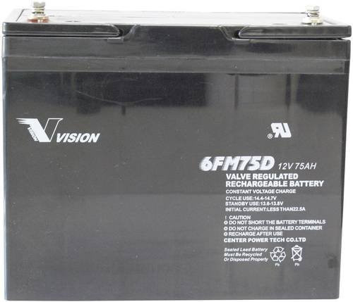 Vision Akkus 6FM75DX Bleiakku 12V 75Ah Blei-Vlies AGM in Schwarz, B/H/T: 25,8 x 21,5 x 16,6 cm, M6-Schraubanschluss, wartungsfrei und zyklenfest - Bild 1