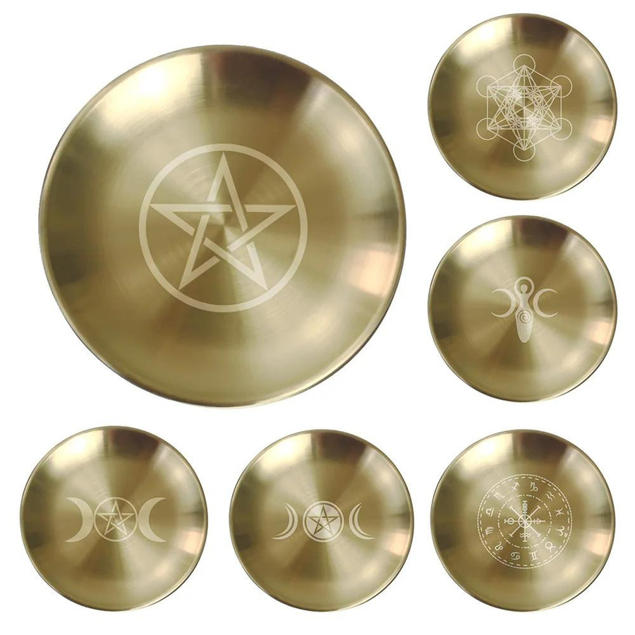 Ritualtablett mit Pentagramm in Gold, rundes Metall-Altarplateau für Kerzenhalter und Räuchergefäße, Durchmesser: 14 cm - Bild 2