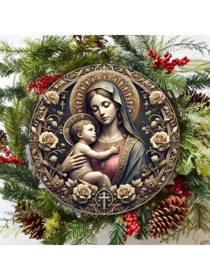 HELLOYOUNG Metallschild Virgin Mary & Baby Jesus Wandkunst mit Blumen, Mehrfarbig, B/H: 20 x 20 cm - Bild 2