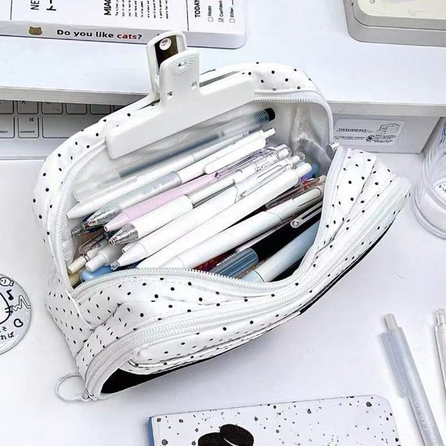 Großes Federmäppchen aus Nylon mit Katzen-Polka-Dot-Print in Weiß als mehrschichtiger Organizer für Schülerinnen - Bild 1