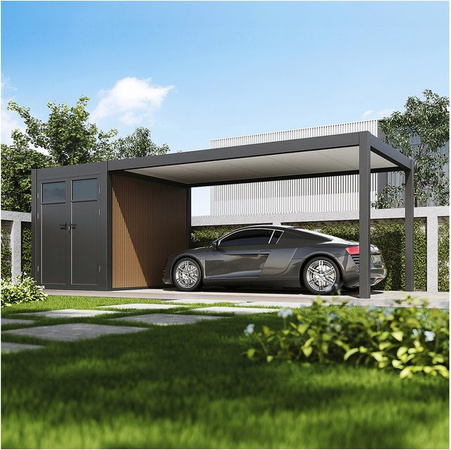 Weide Carport aus Aluminium mit Schuppen und Geräteraum in Anthrazit B: 7,2 m x T: 3 m