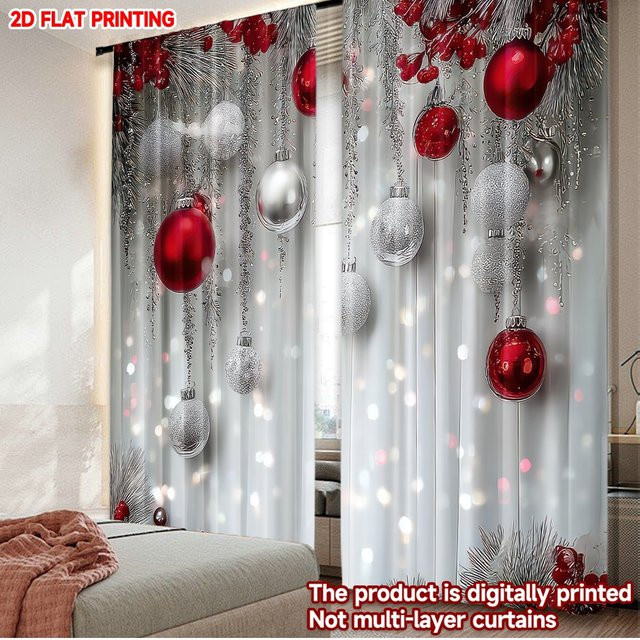 2er-Set Weihnachts-Partyvorhänge mit Frohe Weihnachten Motiv in Rot und Silber aus Polyester - Bild 1