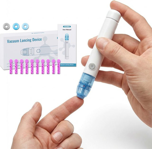 SALORIE Einstellbares schmerzfreies Vakuum-Blutentnahmegerät für Diabetes-Tests in Weiß inklusive 50 Lanzetten für Blutzucker-, Glukose- und Keton-Heimtests - Bild 1