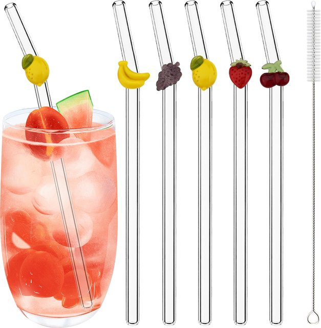 Zoseil 5er Set Borosilikatglas Trinkhalme mit Aufklebern in Transparent und Gelb für Cocktails, Tee und Säfte - Bild 1
