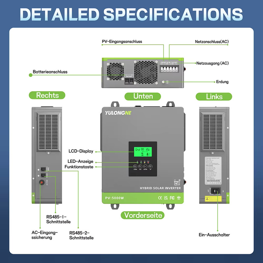 YULONGNE Off-Grid Hybrid-Solarwechselrichter 3300W 24VDC 230VAC mit 120A MPPT Solarladeregler, max. 5000W PV-Leistung, grau - Bild 5