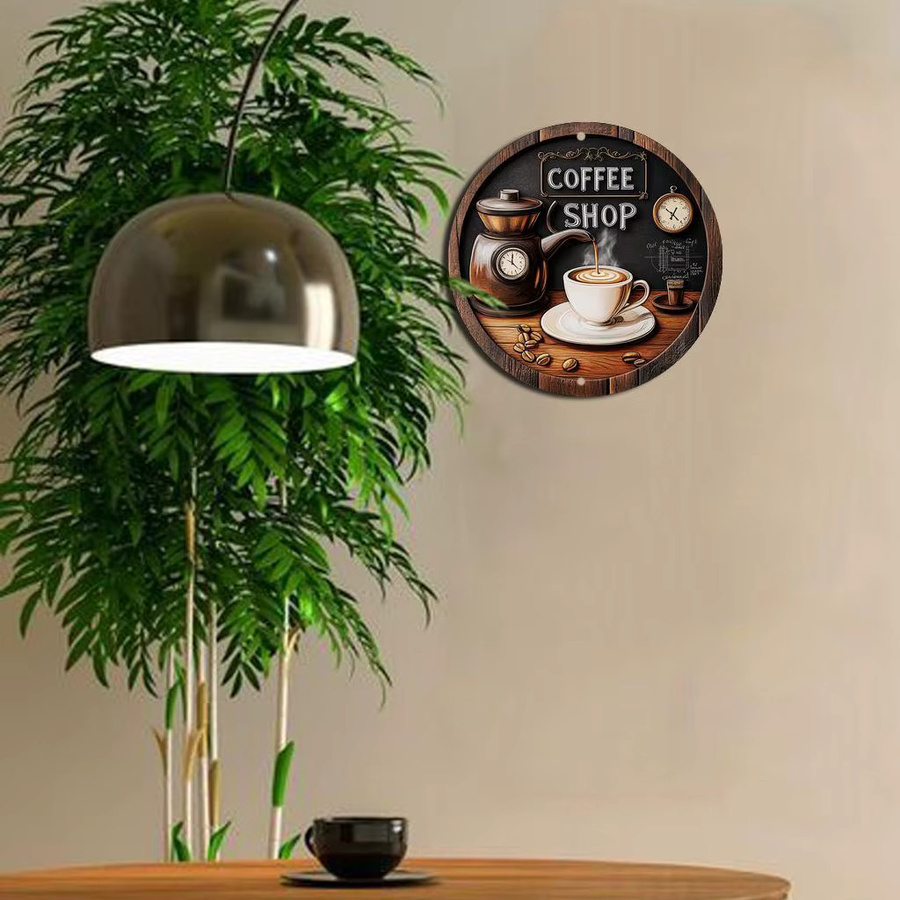 Potdemiel Runde Aluminium-Wandkunst im Vintage-Stil mit Kaffee-Thema, Mehrfarbig, Durchmesser: 20,3 cm - Bild 5