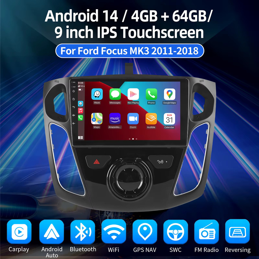 ESSGOO Android 15 Autoradio mit 9 Zoll IPS Touchscreen für Ford Focus MK3 2011-2018, GPS, CarPlay, Android Auto, Bluetooth, WiFi und Lenkradfernbedienung, Schwarz - Bild 2