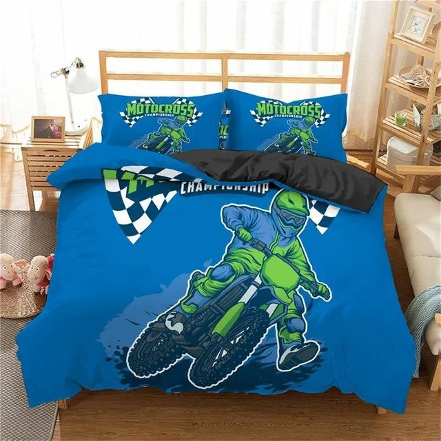 Bettwäsche-Set Motocross Extremsport aus Mikrofaser mit 3D-Design für Jugendliche, Blau, B/H: 180 x 210 cm - Bild 1
