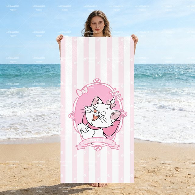 Potdemiel Marie Aristocats Strandtuch für Kinder, rosa-weiß gestreift mit Katzenmuster, schnelltrocknend - Bild 1
