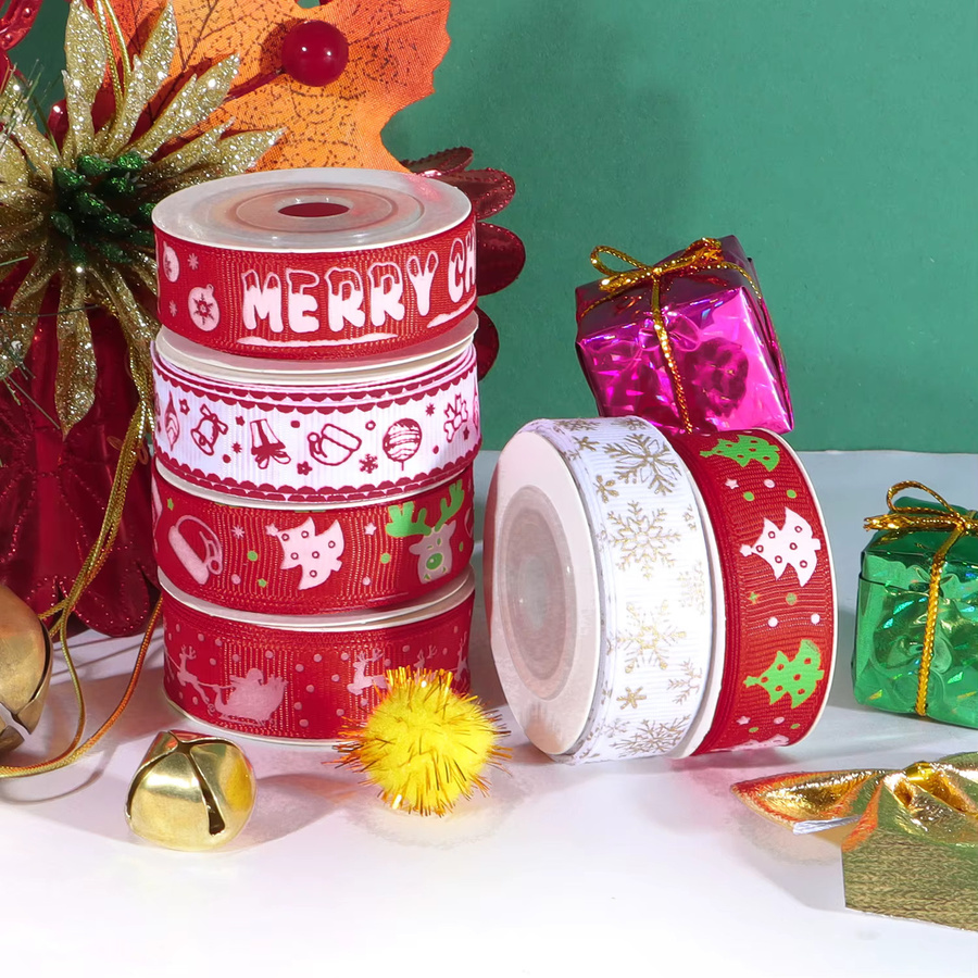 OEMOO Weihnachtsband aus Polyester mit floralem Print für DIY-Geschenkverpackungen und Weihnachtsdekoration, Breite: 1,5 cm, Länge: 4,57 m - Bild 3