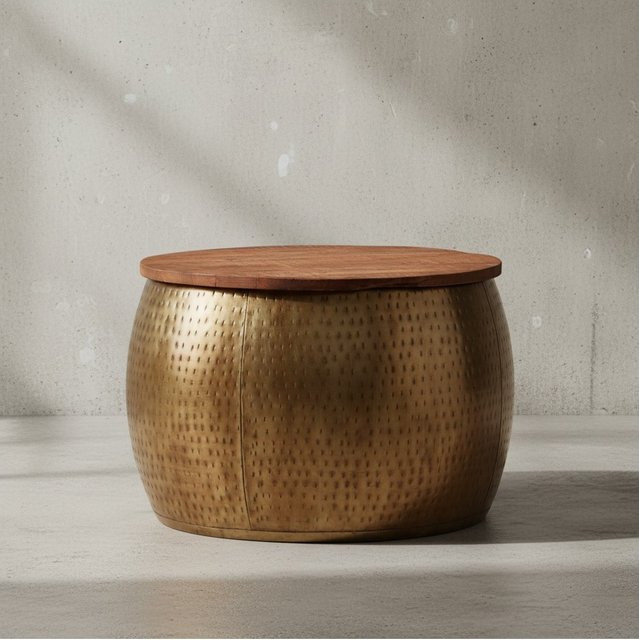 KADIMA DESIGN Moderner Couchtisch Aurora aus Massivholz Mango in Braun/Gold, Rund, B/T/H: 60 x 60 x 40 cm - Bild 1