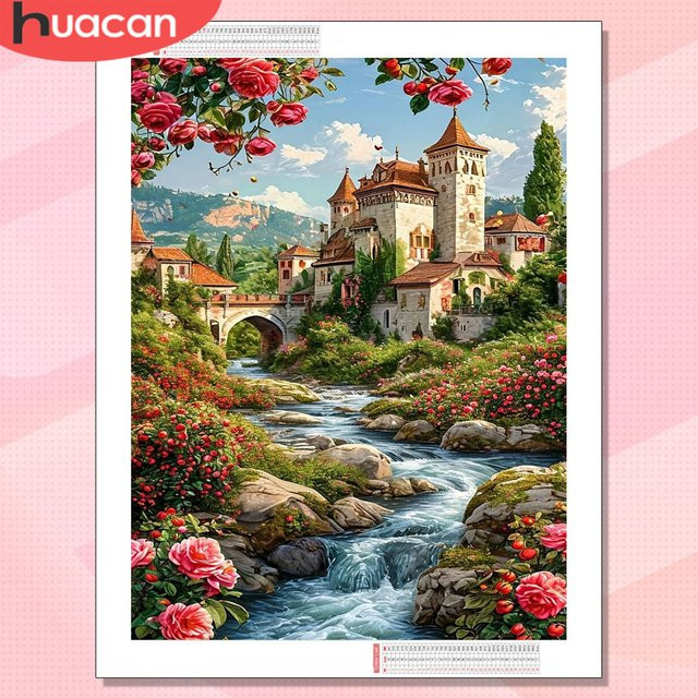 HUACAN Diamant-Malerei-Set für Erwachsene mit Hauslandschaft, Wasserfall und Blumen als Mosaik-Kunst zur Wanddekoration, Multicolour, B/H: 30,0 x 20,0 cm - Bild 1