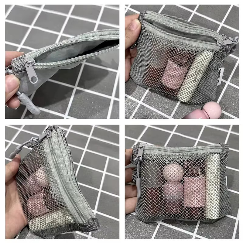 Tragbare Reise-Kosmetiktasche mit Reißverschluss und zweilagigem Netz-Organizer in Beige - Bild 4