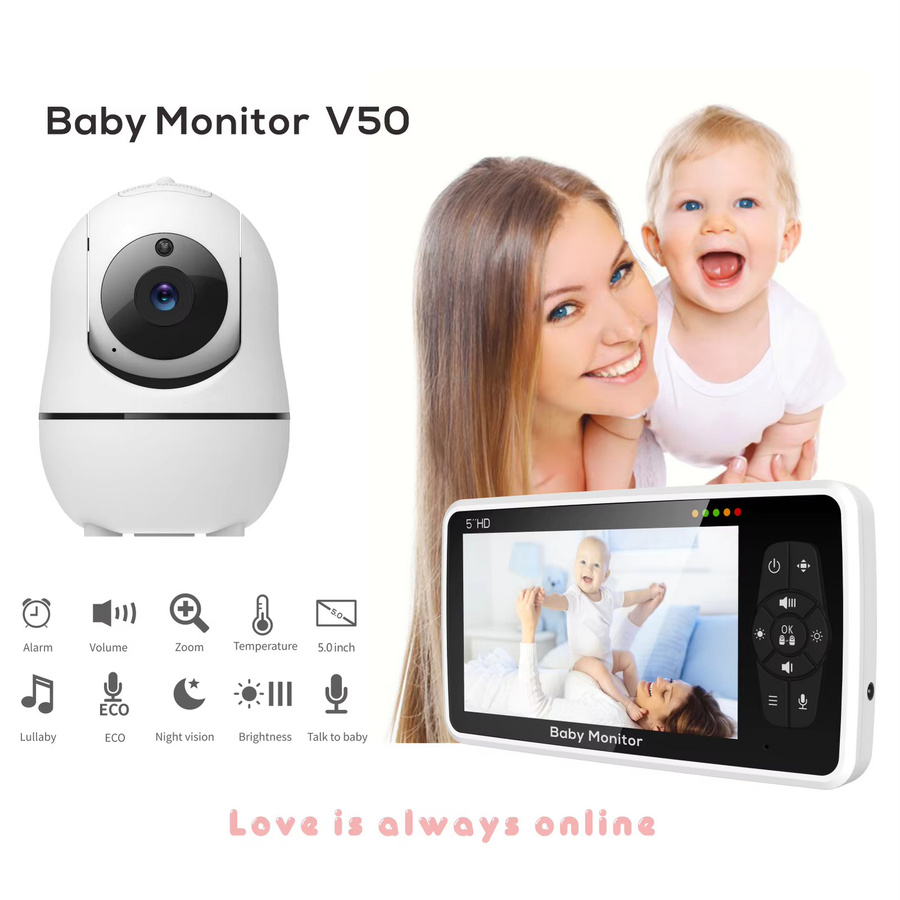 MBOSS Video-Babyphone mit zwei Kameras und 5-Zoll-Display in Weiß mit Nachtsicht, 4x Zoom, 2-Wege-Audio, Temperatursensor und Wiegenlied-Funktion - Bild 2