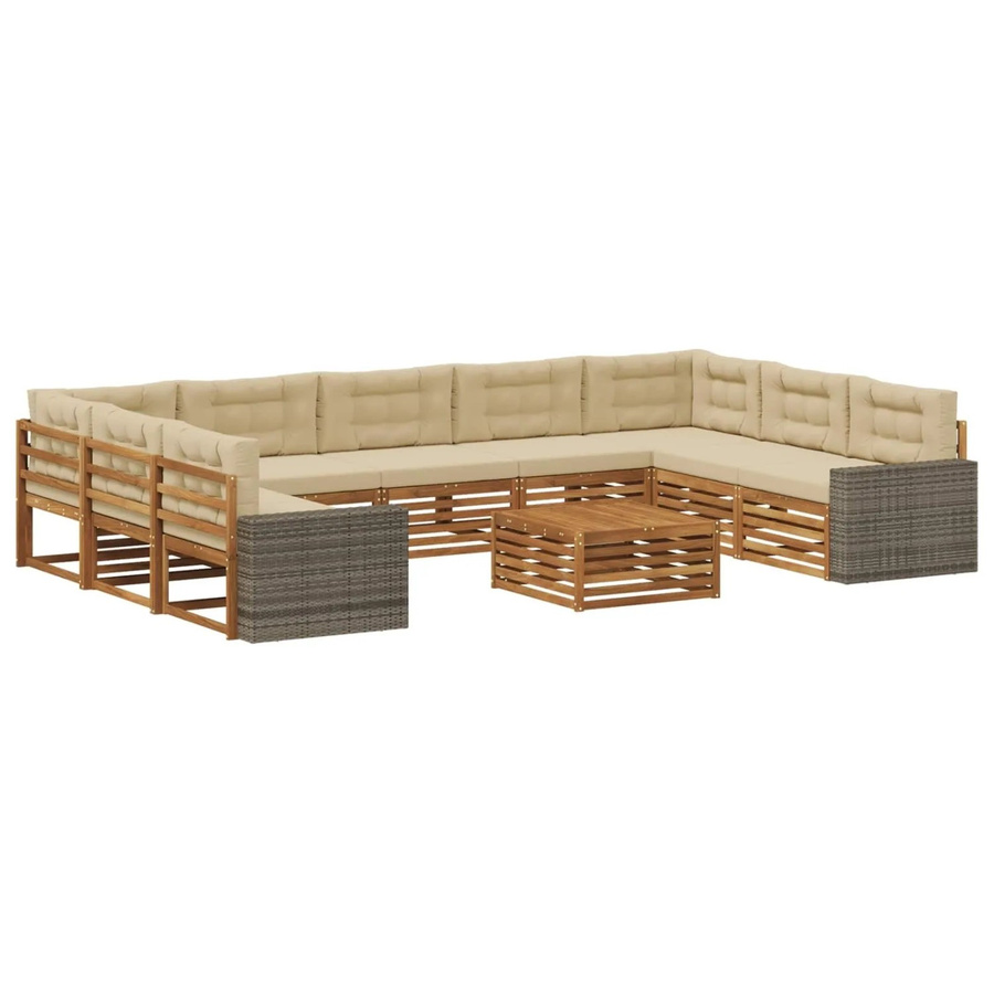 vidaXL Outdoor-Sofagarnitur aus Massivholz Akazie in U-Form, 10-teiliges Set mit Polstern in Natur und Beige - Bild 2