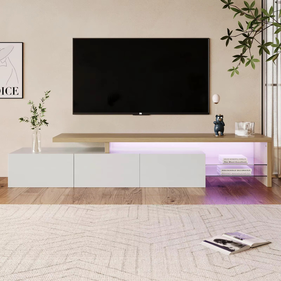 Simurq TV-Lowboard in Weiß Hochglanz mit integrierter LED-Beleuchtung, 2 Glasablagen und 3 Schubladen für dein Wohnzimmer - Bild 2
