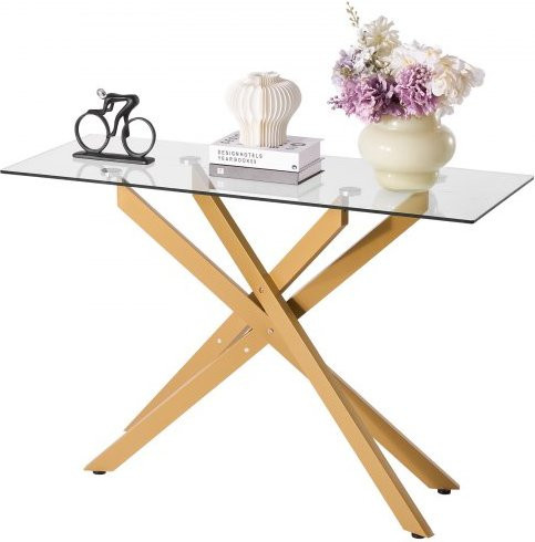 VEVOR Konsolentisch Modern aus Glas und Eisen in Gold, rechteckiger Flurtisch mit gehärteter Glasplatte und X-Beinen, B/T/H: 114,3 x 45,7 x 76,2 cm - Bild 1