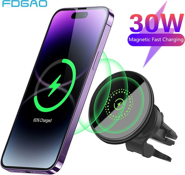 FDGAO Magnetische kabellose Autoladegerät-Halterung in Schwarz mit 30 W Schnellladung für iPhone 16 15 14 13 12 Pro Max Plus via Lüftungsschlitz - Bild 1