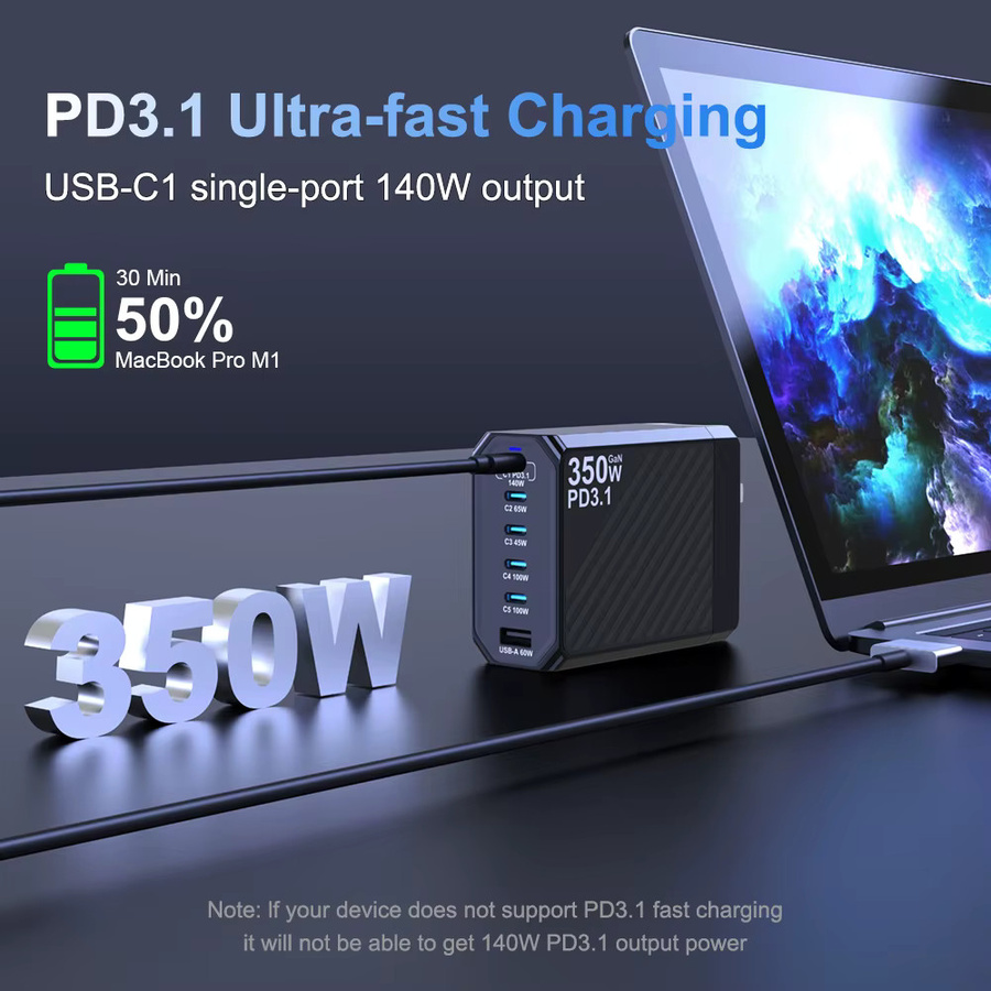 UBIGBUY GaN Schnellladegerät 350 W mit 140 W PD3.1 und QC PPS USB-Ladestation für MacBook Pro, iPhone, Samsung, Laptop und Tablet, Schwarz - Bild 4