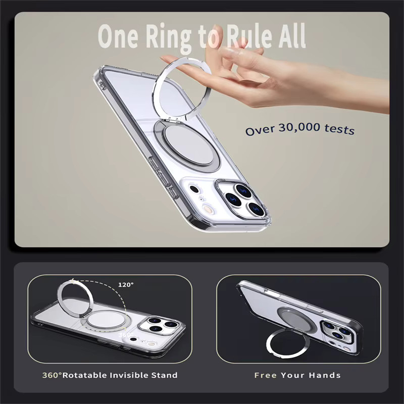 Magnetische MagSafe Schutzhülle für iPhone 17 Pro Max 16 Plus 15 14 13 12 11 mit drehbarer Halterung und stoßfestem Schutz in Grau und Transparent - Bild 4