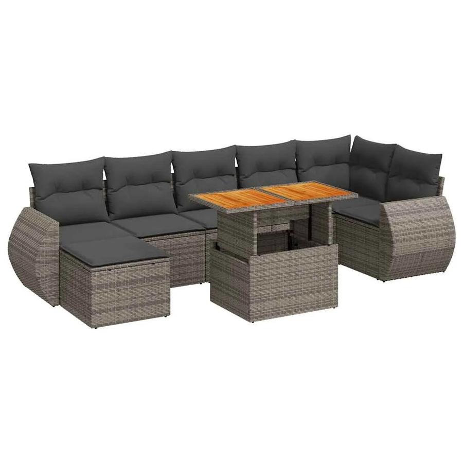 vidaXL 8-tlg. Garten-Sofagarnitur in L-Form aus grauem Poly-Rattan mit Kissen und Akazienholz - Bild 2