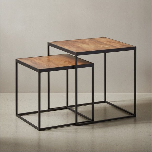KADIMA DESIGN Mango Industrial Beistelltische 2er Set aus Massivholz Mango und Eisen in Braun, B/T/H: 44 x 40 x 40 cm - Bild 1
